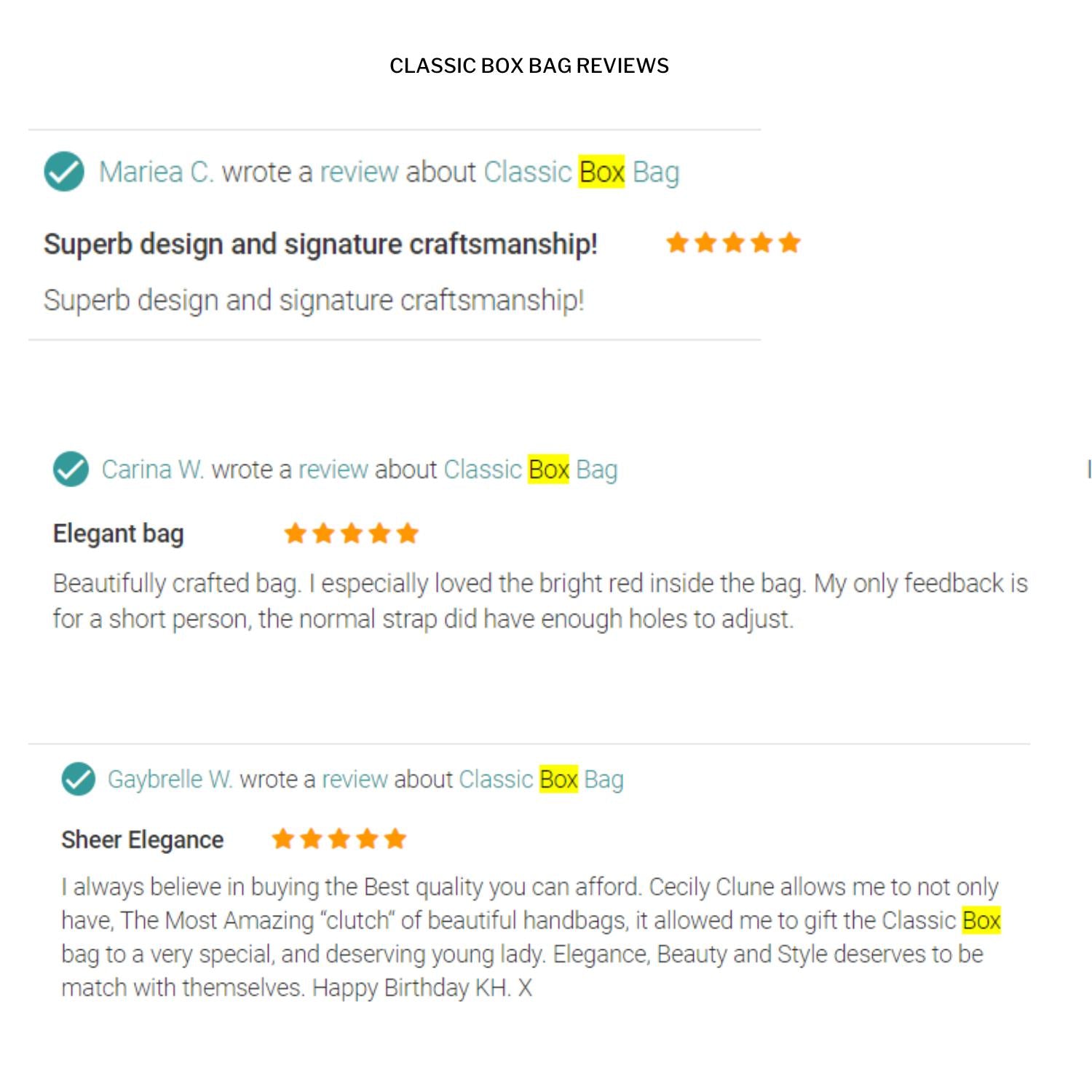 reviews for classic box bag Cecily Clune